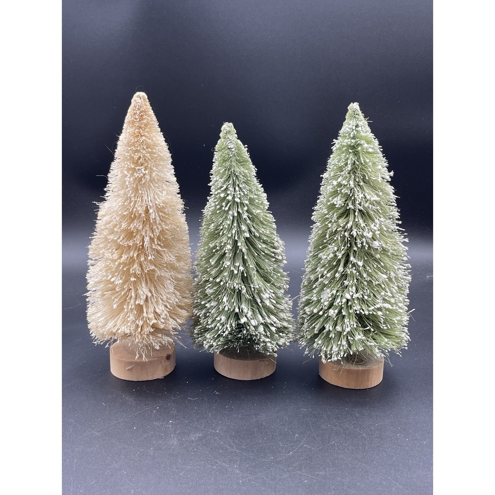 Bottle Brush Christmas‎ Trees Snow Flocked Wood Base Set of 3 Decor